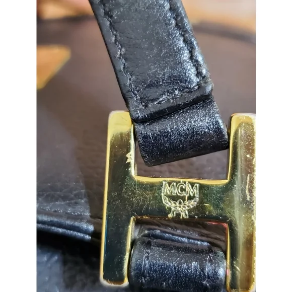 MCM Black Leather Vintage Logo Embellished Small Tote